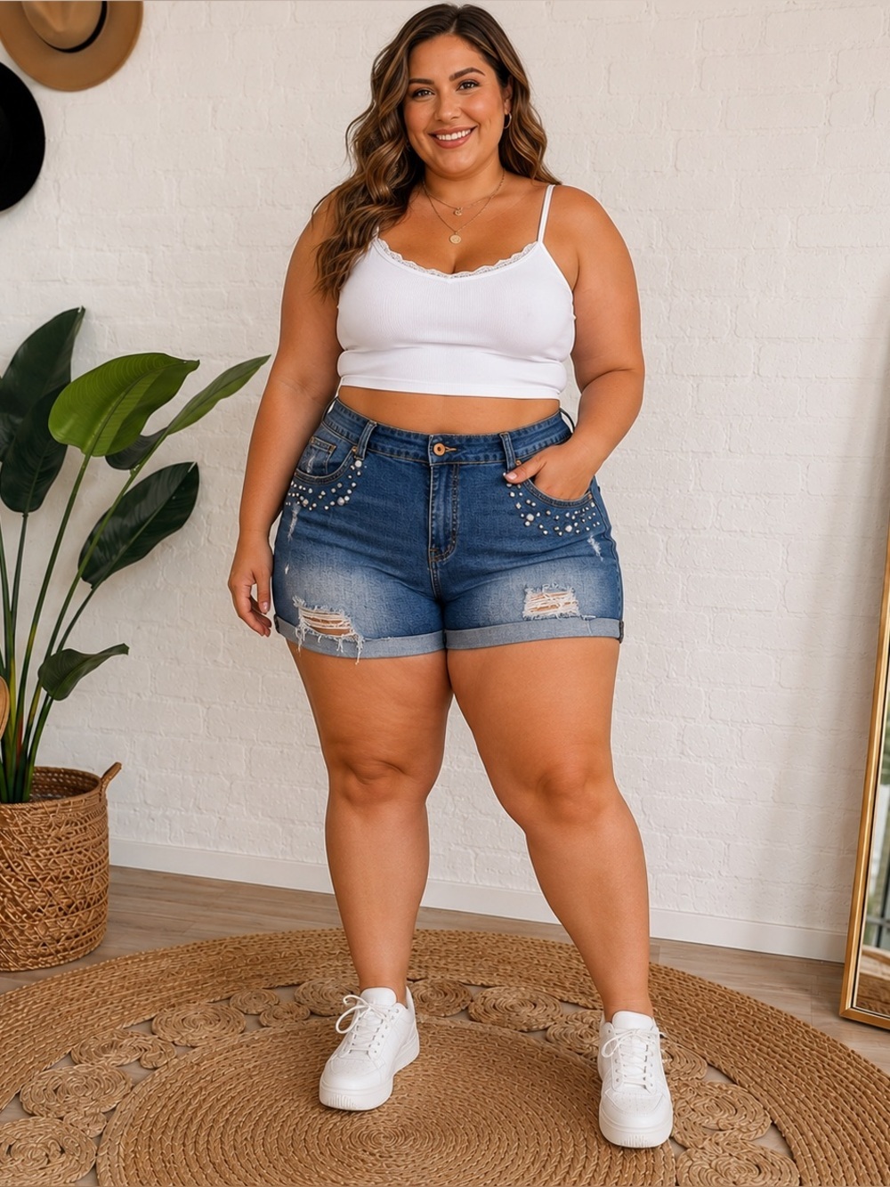 Unionbay Size 22 Pearl Embellished Distressed Denim Shorts Plus Size Y2K
